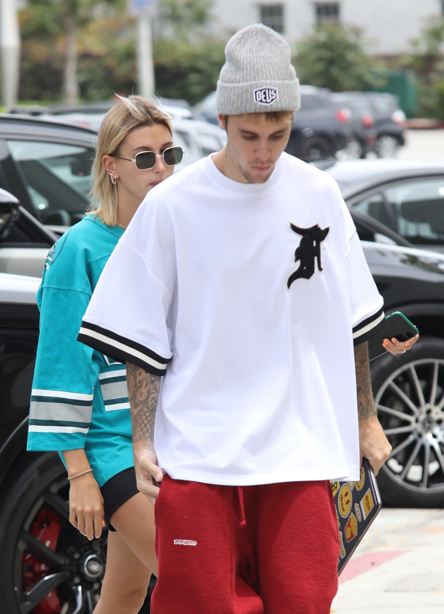 Hailey Baldwin Wears A Justin Bieber Baseball Cap With Skintight