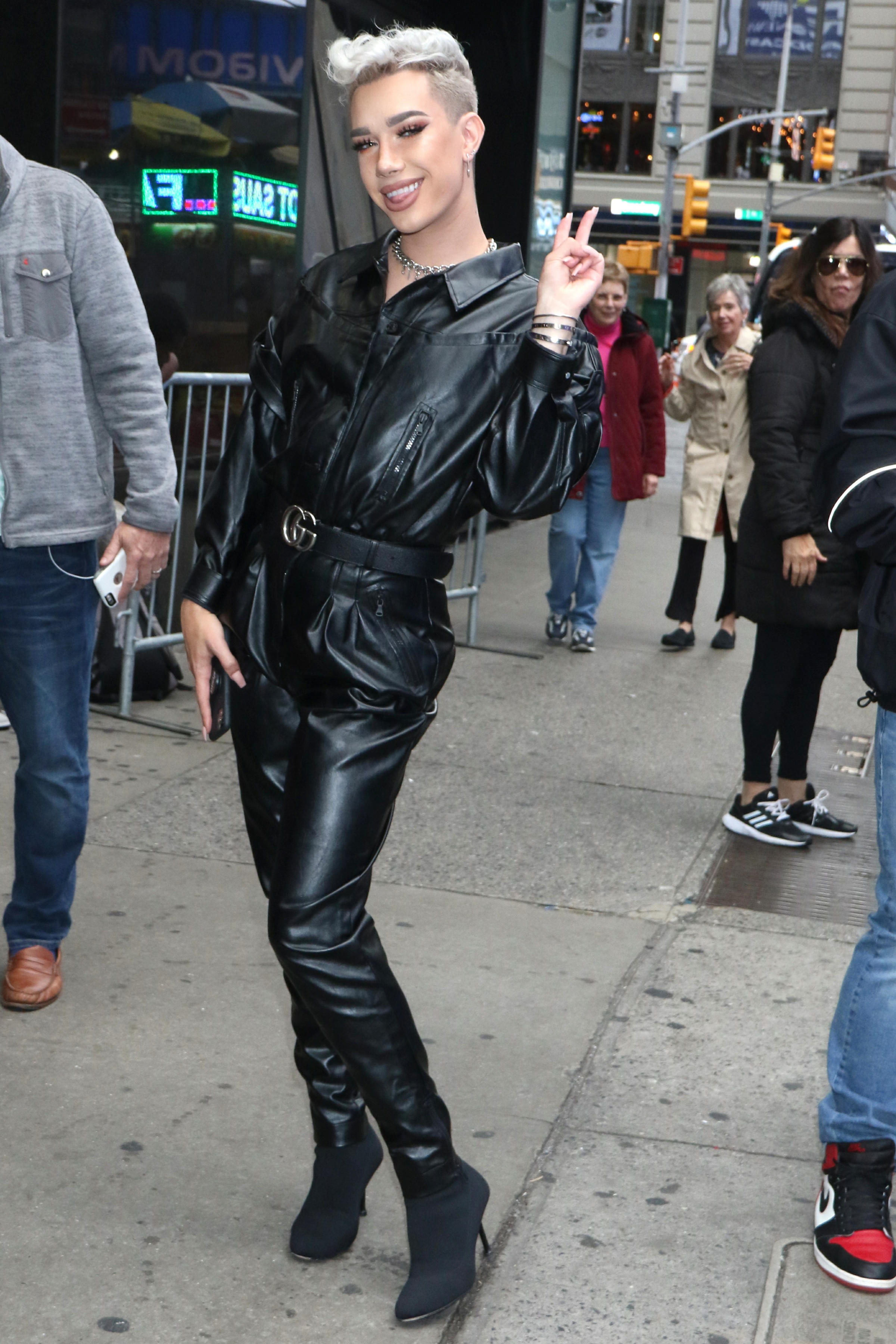 James Charles Wears Stylish Leather Jumpsuit in NYC for Press