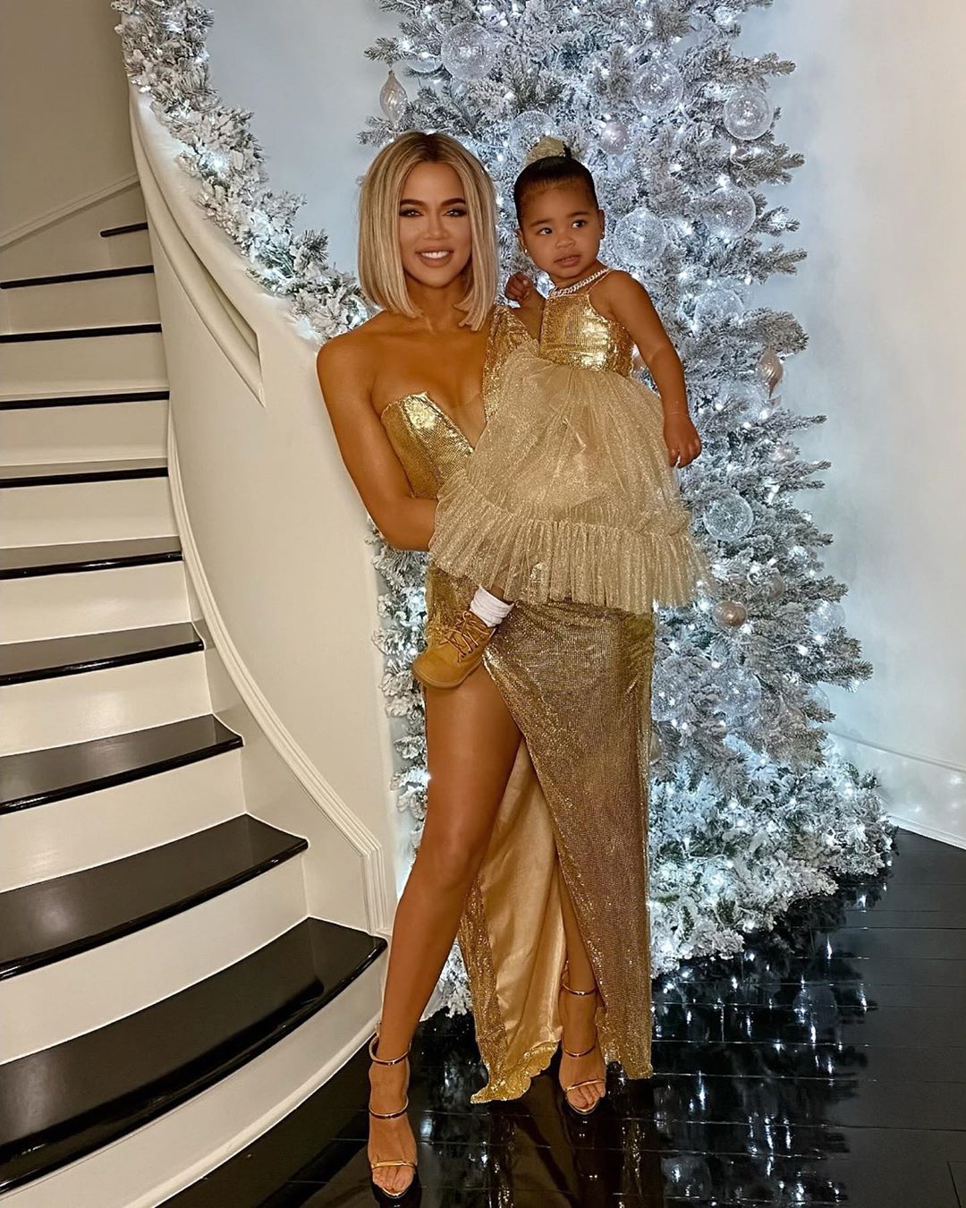 Khloe Kardashian And True Wear Matching Gold Dresses For Christmas