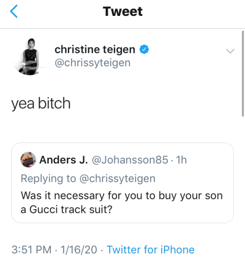 Chrissy Teigen Slams Troll Criticizing Her Son Miles Gucci Outfit