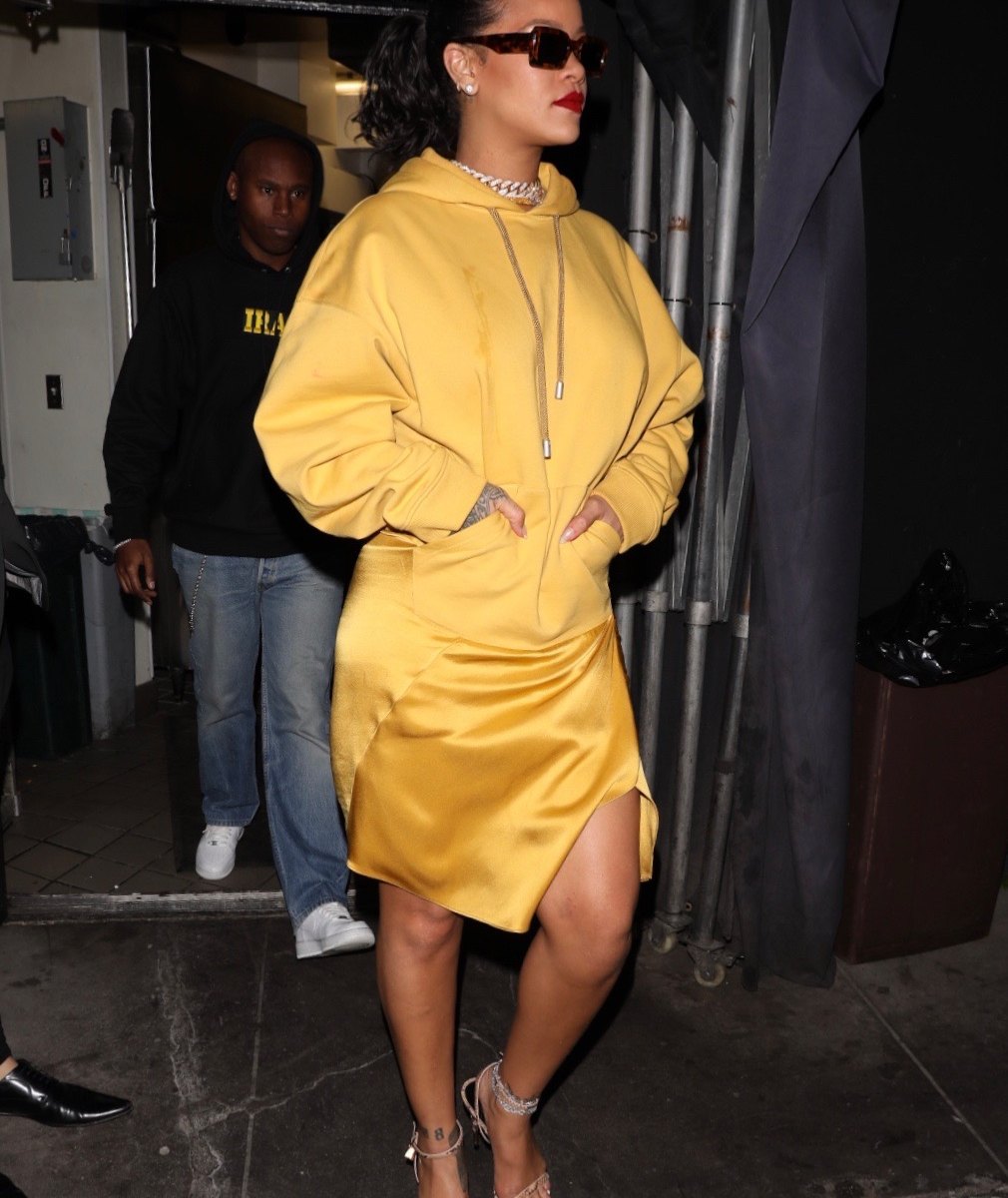 Rihanna: Multicolor Hoodie and Skirt