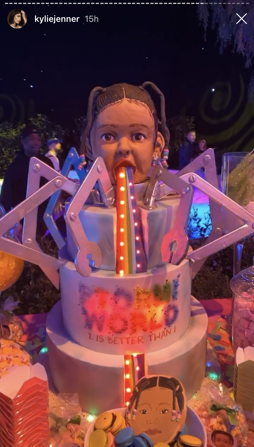 Kylie Admires Stormi's Trolls Themed Birthday Cake