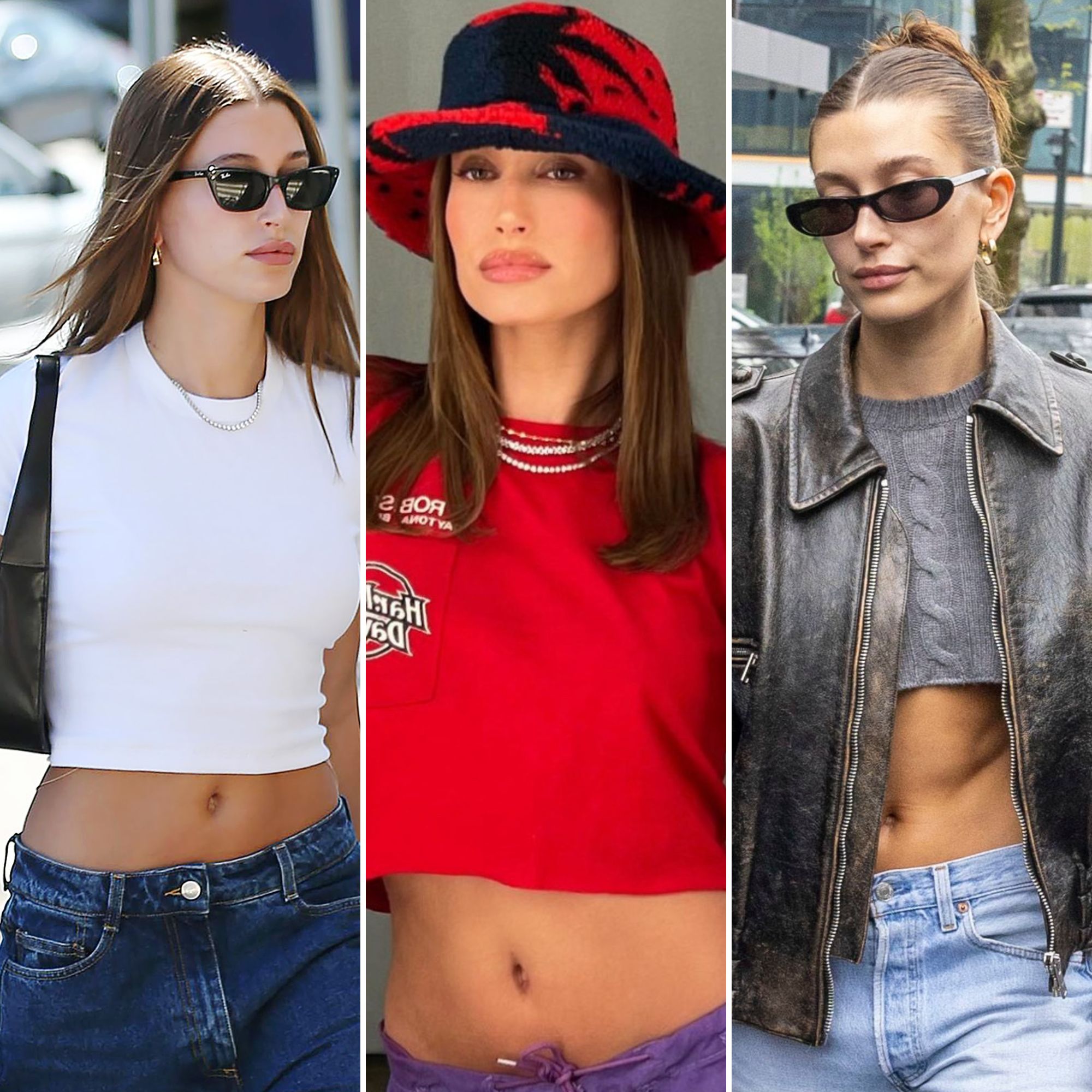 Hailey Bieber shows off bare stomach in crop top and low-rise