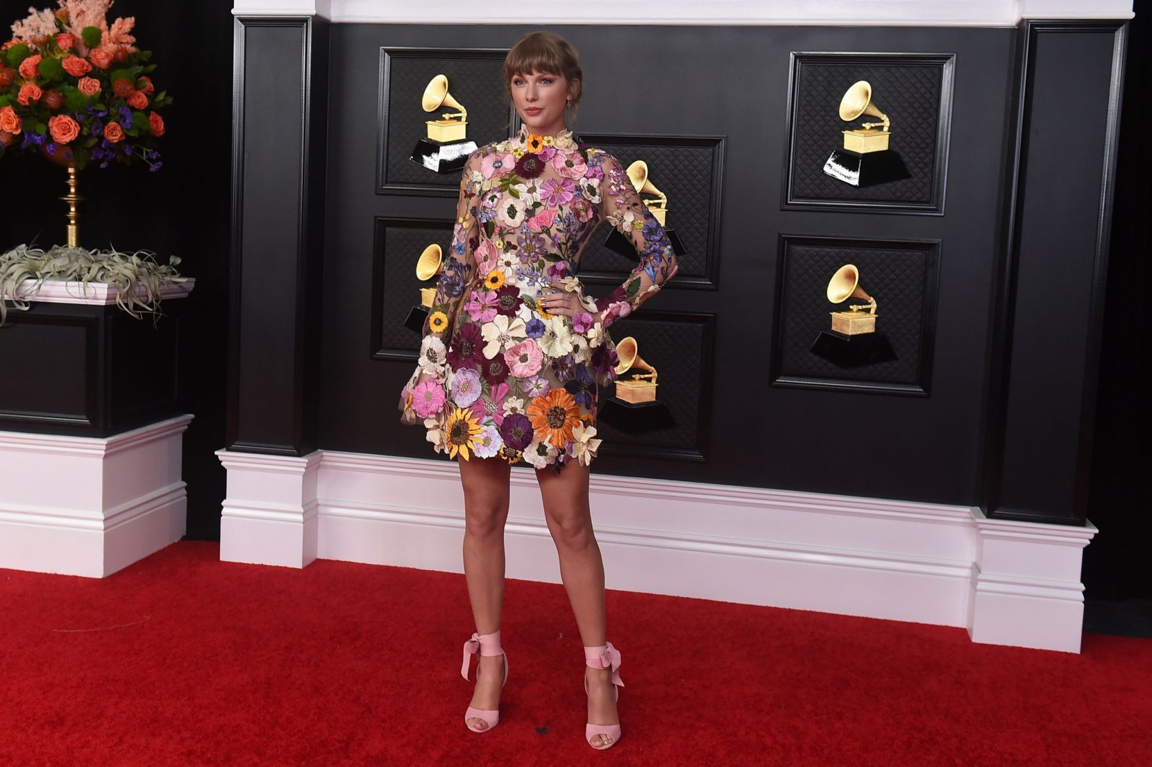 Taylor Swift Grammys Red Carpet Singer Wears Floral Dress