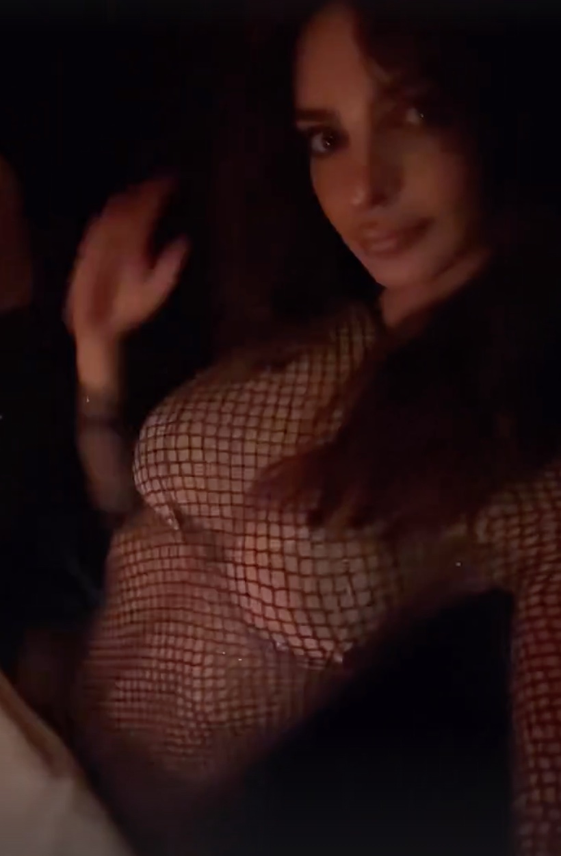 Emily Ratajkowski Parties in Lingerie and See-Through Fishnet Dress